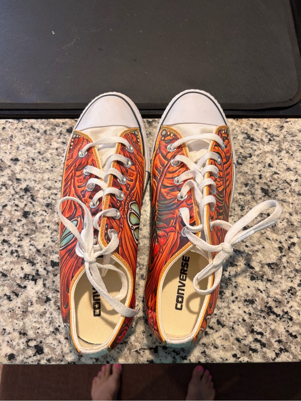 Converse Low Top Sneakers in Orange and White with Graphic Print